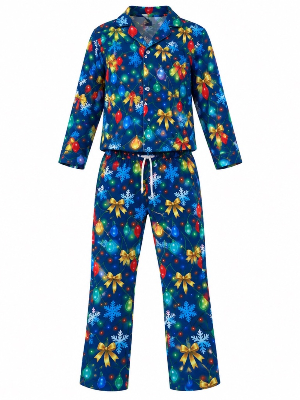 Festive Blue Men’s Christmas Pajama Set with Gold Bows Size M